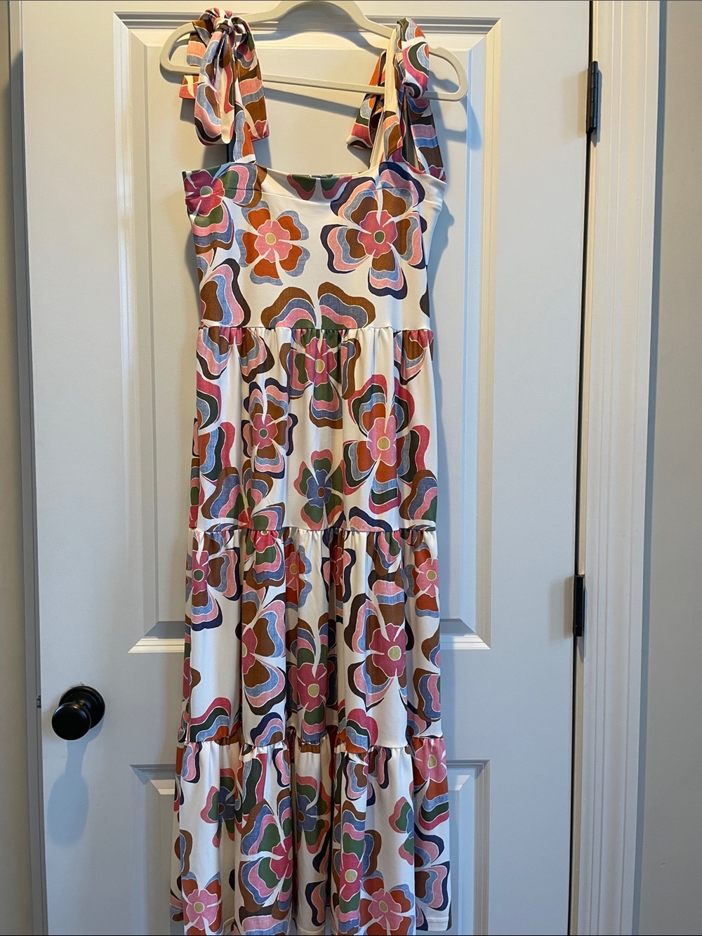 Floral Tie-Shoulder Maxi Dress in White with Pink & Green Pattern